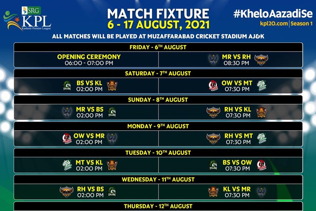 Kashmir Premier League 2021 Schedule Khilari